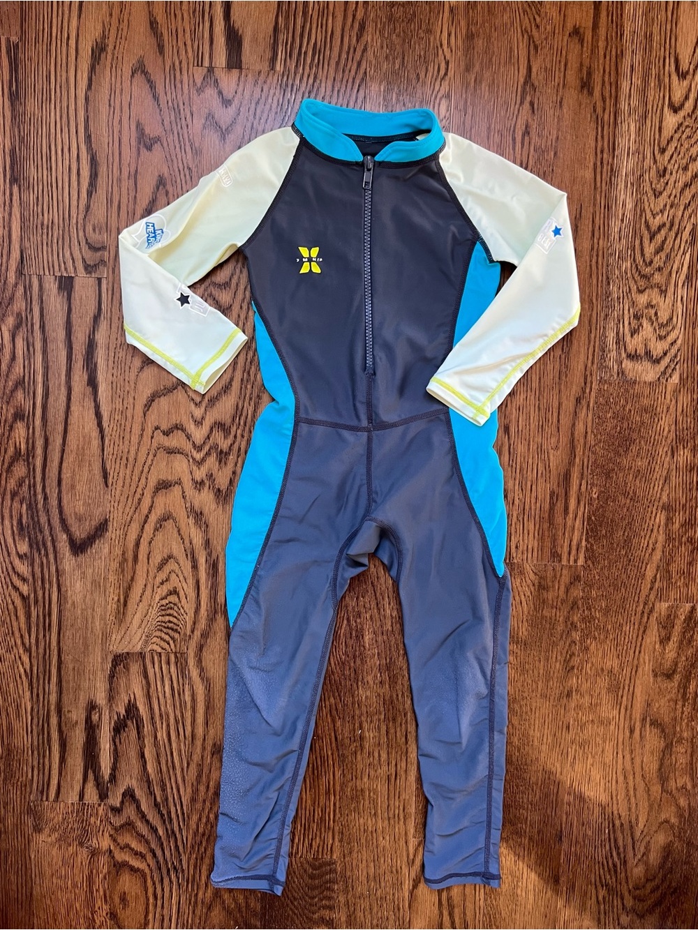 Full Body One-Piece Rash Guard Swimsuit - Blue/Gray/Yellow